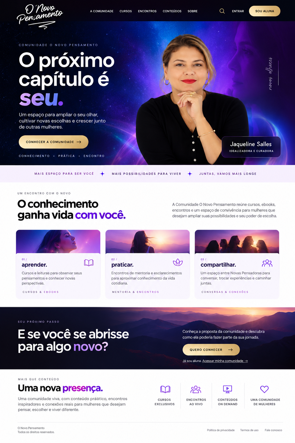 Mockup vertical da landing page proposta: hero em gradiente cósmico com logo branca, seções claras de pilares, depoimentos e planos, e rodapé escuro