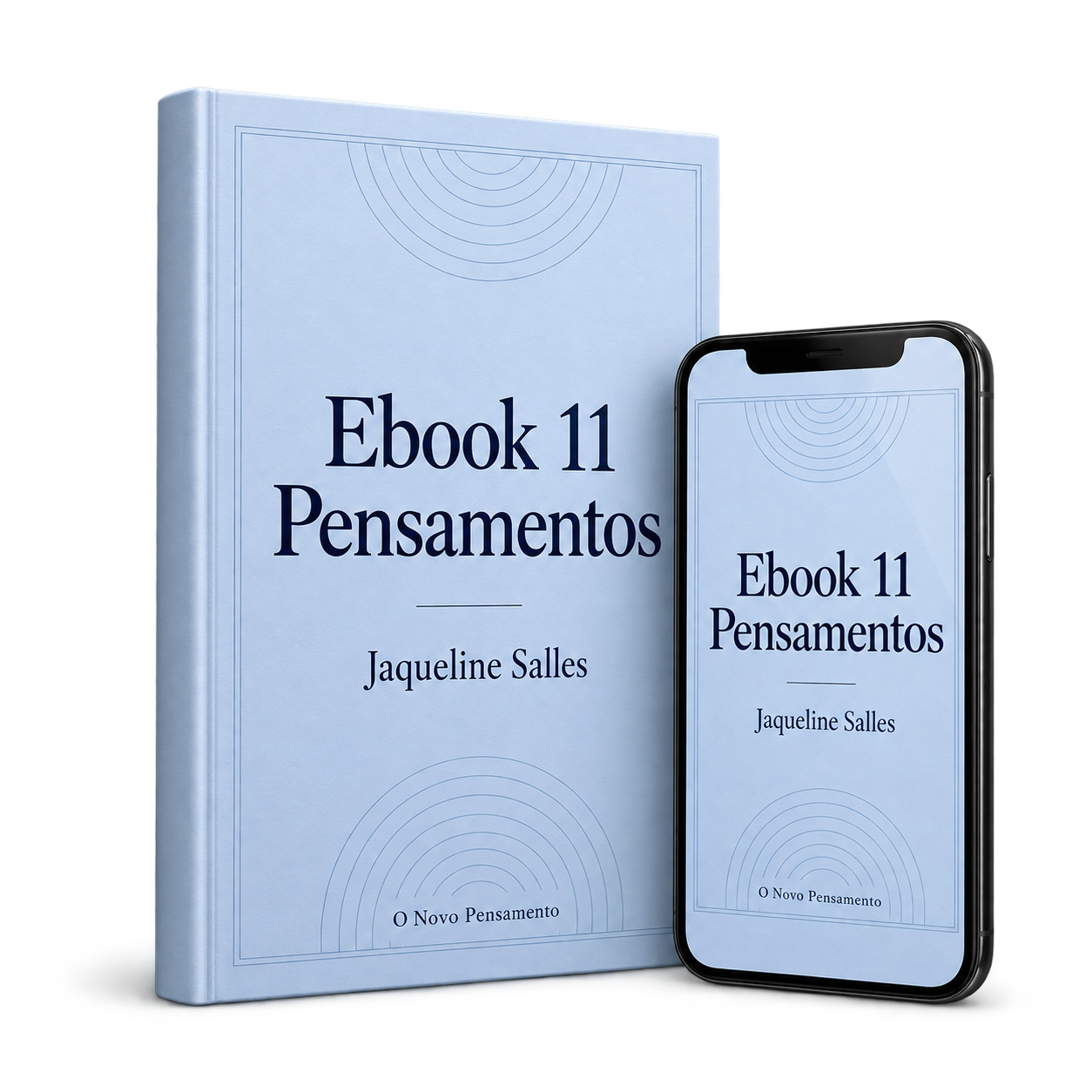 Mockup do Ebook 11 Pensamentos ao lado de um celular com a mesma capa