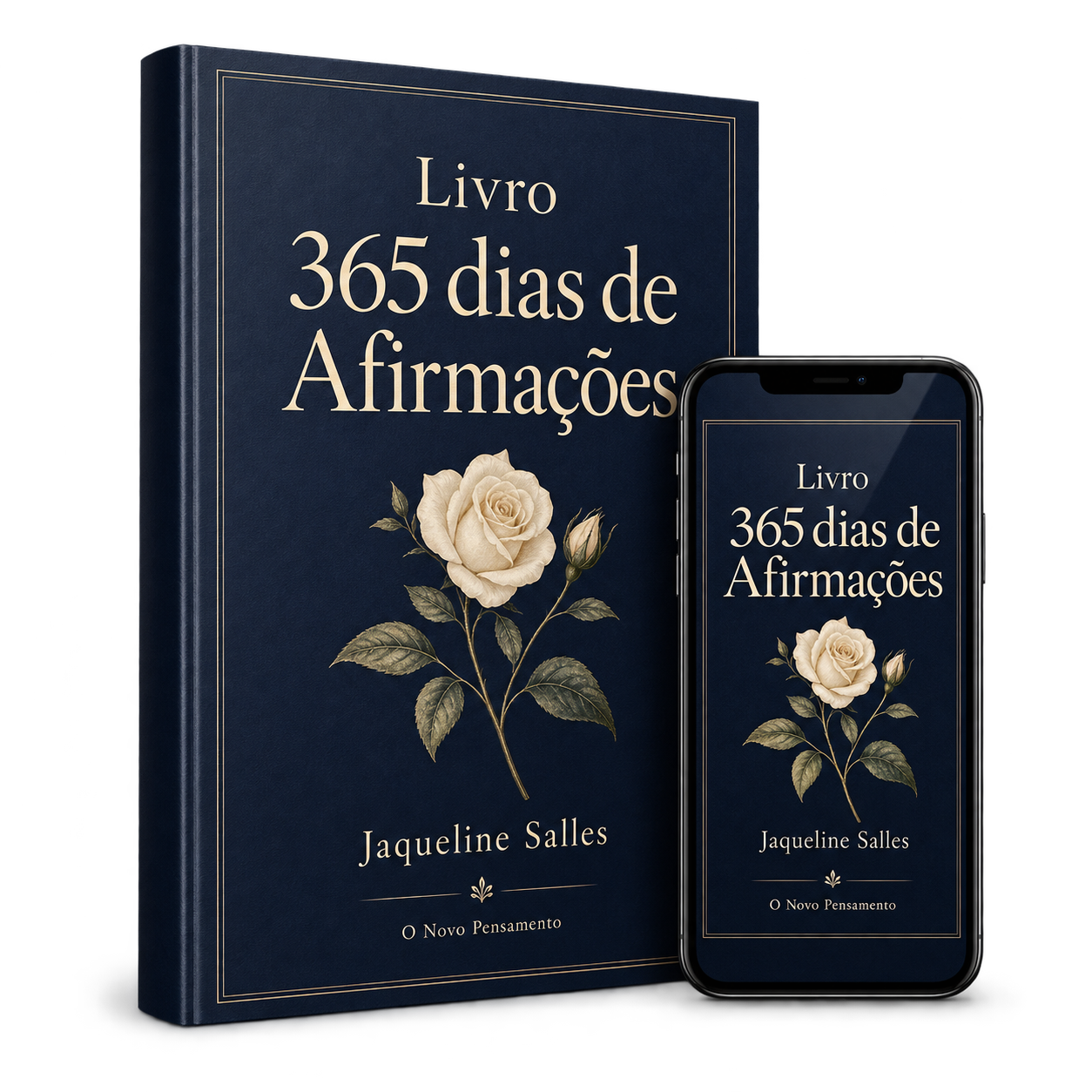 Mockup do Livro 365 dias de Afirmações ao lado de um celular com a mesma capa