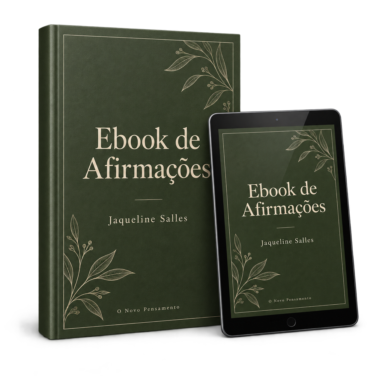Mockup do Ebook de Afirmações ao lado de um tablet com a mesma capa