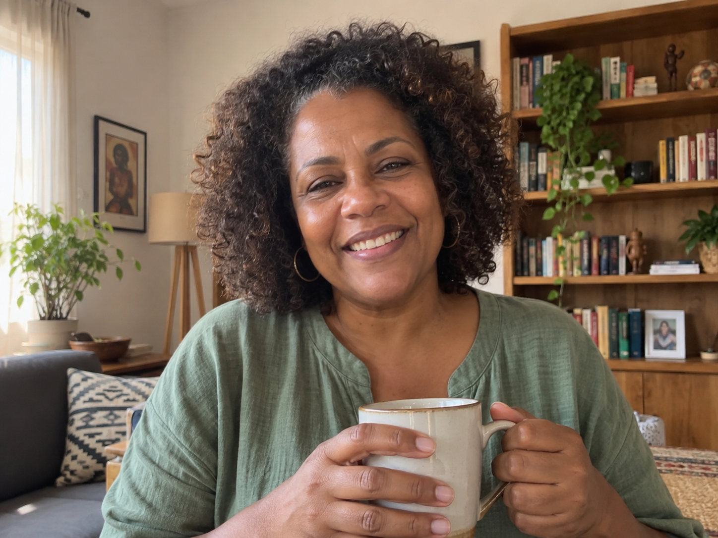 Participante ilustrativa com seu café durante a chamada