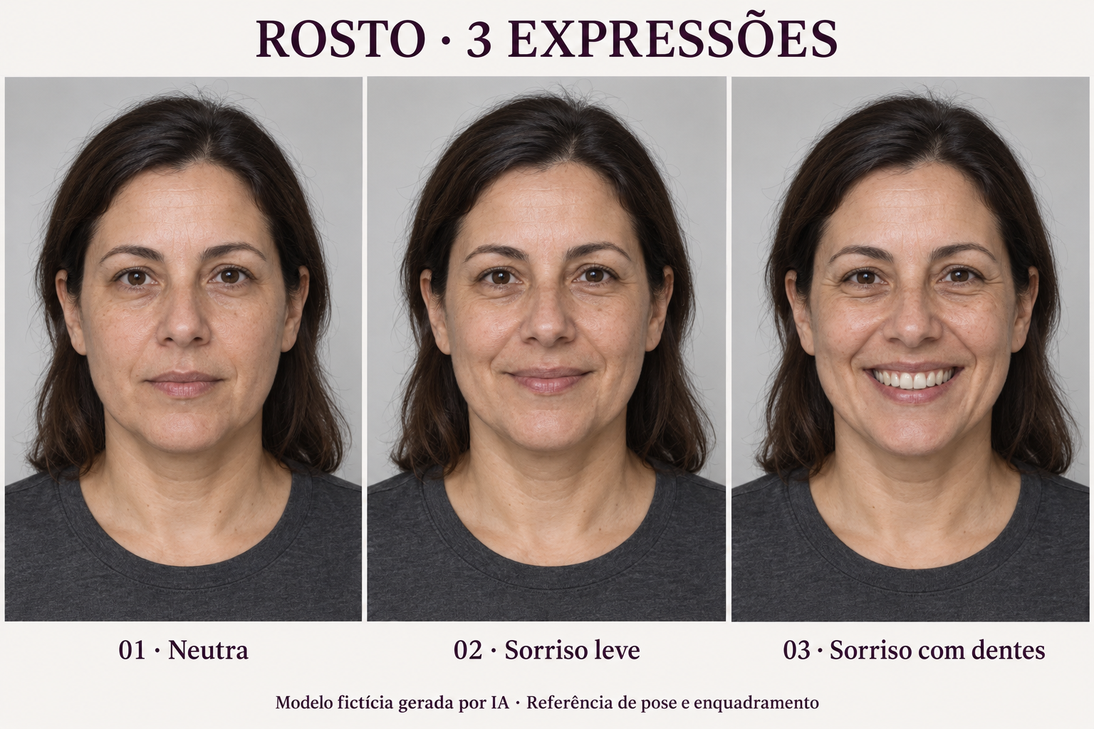 Três fotos de rosto: expressão neutra, sorriso leve e sorriso com dentes