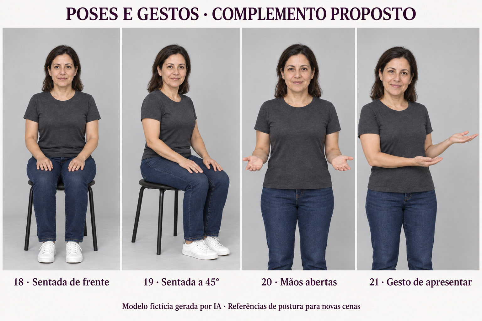 Exemplos sentada de frente, sentada a 45 graus, mãos abertas e uma mão apresentando