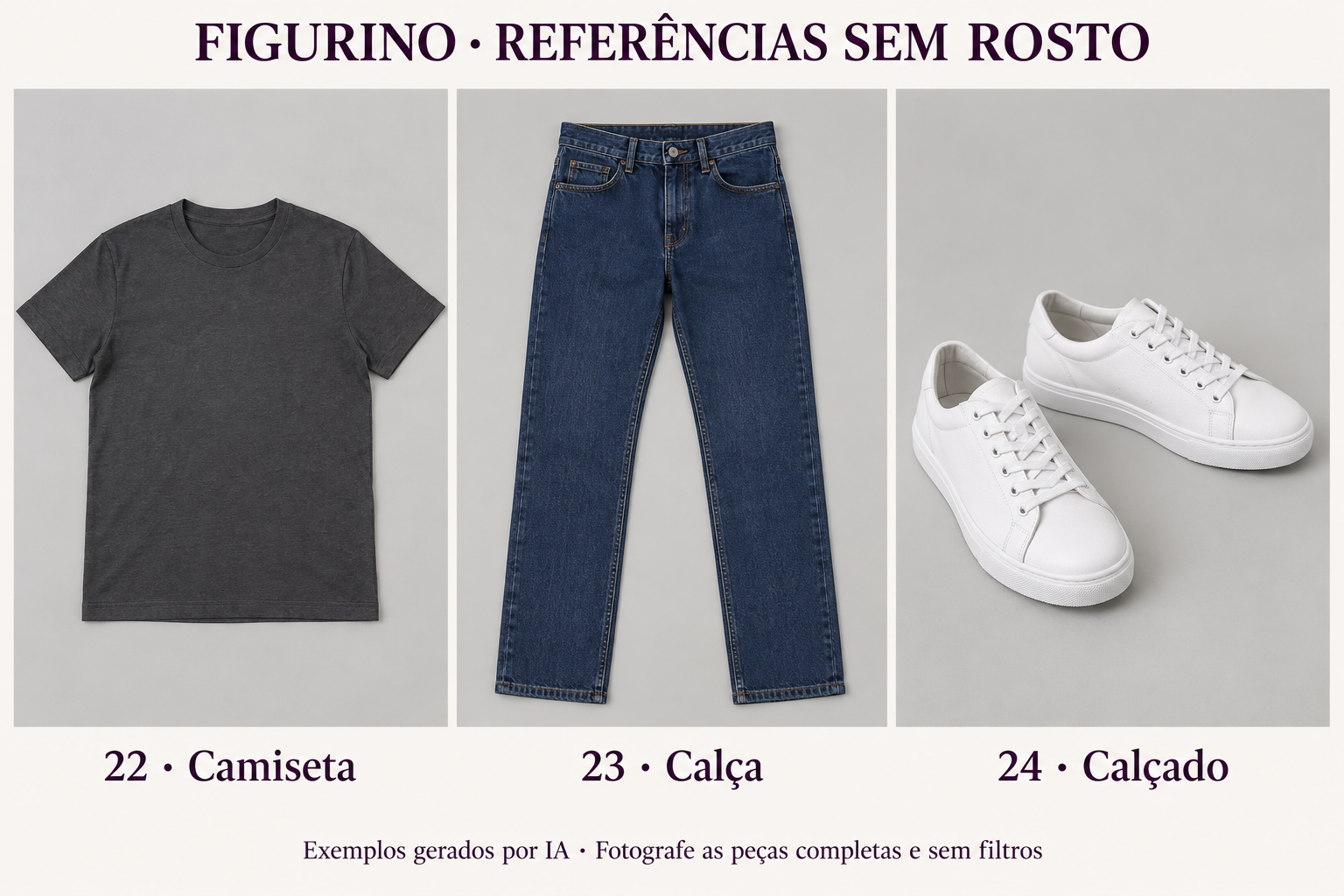 Referências isoladas de camiseta, calça e calçado, sem pessoa no quadro
